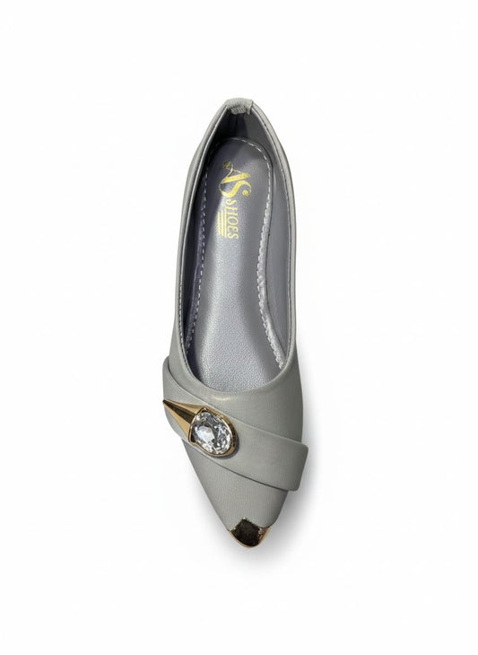 Elegant Pointed-Toe Ballet Flats with Jeweled Cross-Strap – Slate Grey