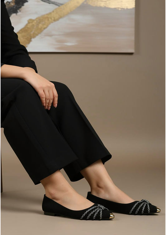 Elegant Black Shimmer Pointed-Toe Flats with Rhinestone Bow