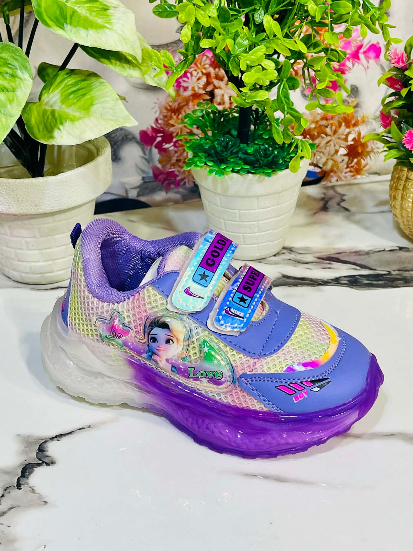 Kids LED Light-Up Cartoon Sneakers – Soft Mesh, Velcro Straps, Purple Glow Sole