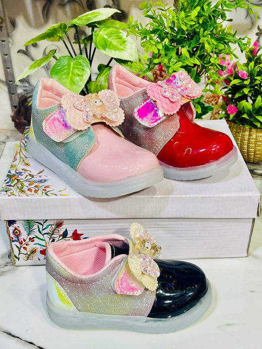 Girls Glitter Bow Fancy Shoes – Soft Comfort, Velcro Strap, Party Wear Footwear