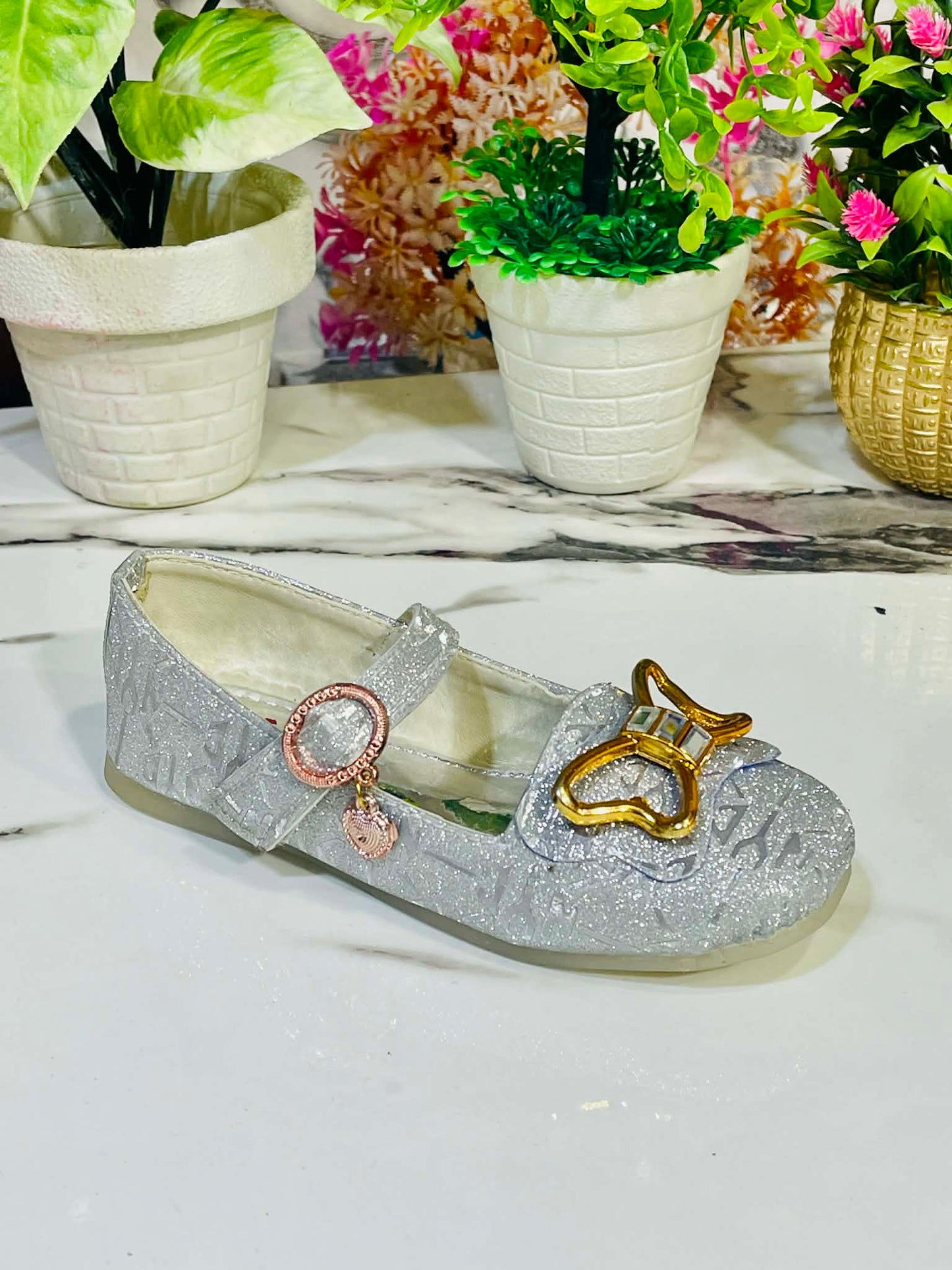 Girls Glittery Butterfly Fancy Shoes – Silver Party Wear Flats
