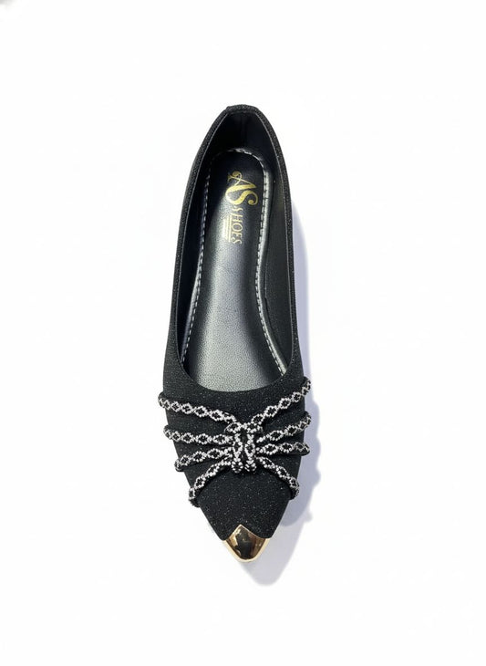 Elegant Black Shimmer Pointed-Toe Flats with Rhinestone Bow
