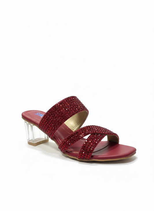 Crimson Shimmer Block-Heel Sandals with Transparent Architectural Heel