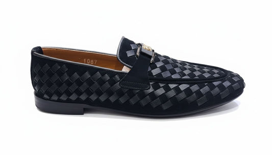 Black Checkerboard Weave Loafers – Premium Formal Slip-Ons