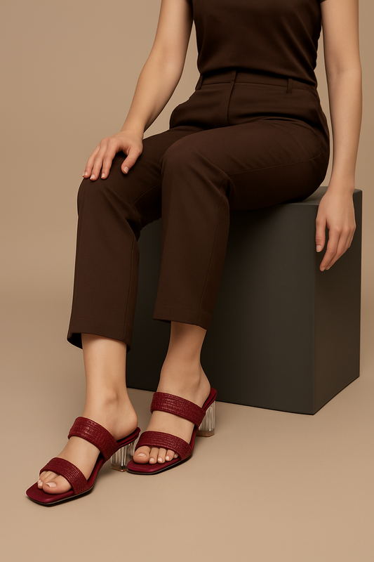 Crimson Shimmer Block-Heel Sandals with Transparent Architectural Heel