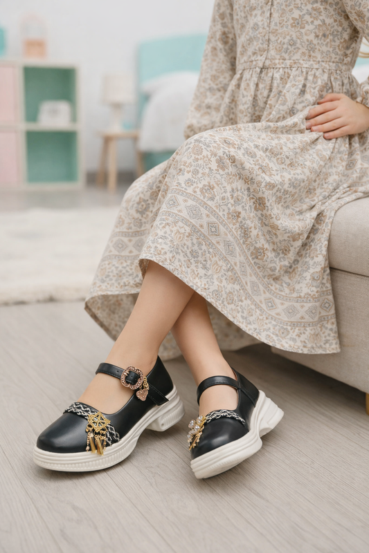 Baby Girl Black Fancy Charm Shoes – Premium Party Wear with Beaded Design