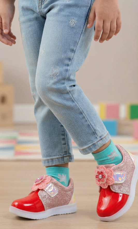 Girls Glitter Bow Fancy Shoes – Soft Comfort, Velcro Strap, Party Wear Footwear